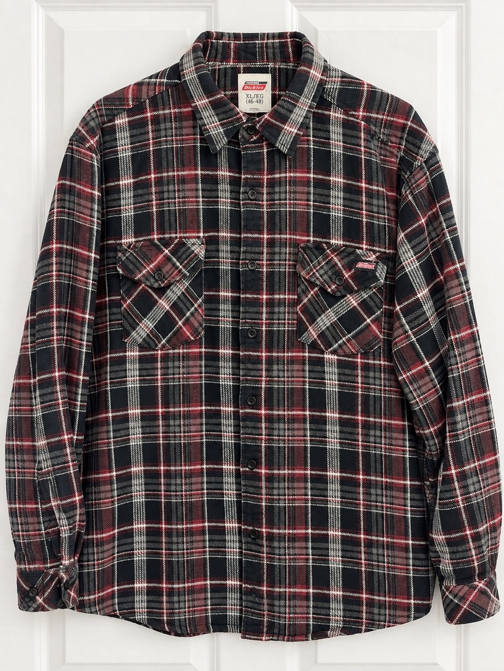 Dickies Mens Flannel Shirt XL Plaid Black Red White Heavyweight Work Shirt 46-48